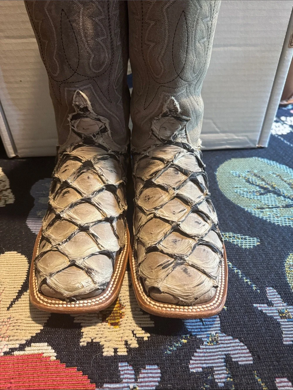 Anderson Bean Big Bass Boots Men's 9C Suede Wide Square Toe Exotic arapaima fish
